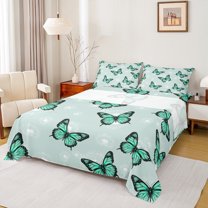 Manfei Romantic Green Butterfly Bed Sheets, Retro Flower Floral King Sheets, Teen Kid Child Adult Sheet Set, Microfiber Bedroom Decor, 4 Pieces