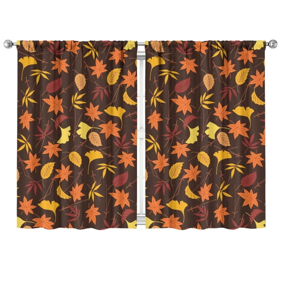 2 Pack Autumn Pumpkin Pattern Kitchen Curtains - Farmhouse Tier Window Treatment Panels with Fall Leaves & Thanksgiving Theme, 42x63 Inch, Rod Pocket Semi-Sheer Caf Curtains