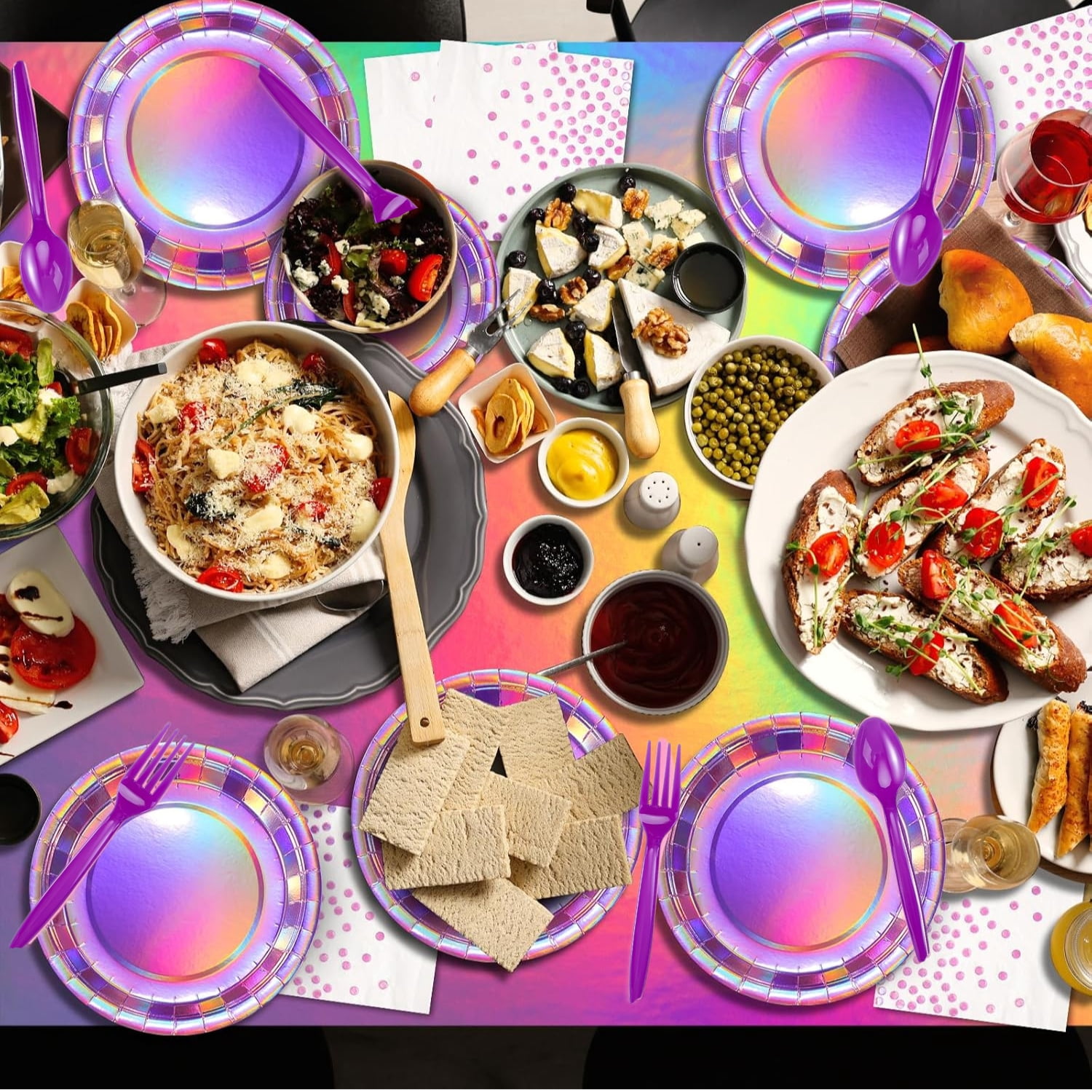 141 Iridescent Pink Party Supplies Decorations, Hot Pink Holographic Paper Plates and Napkins Set, Disposable Tableware Set for Mermaid Disco Birthday Girls Party