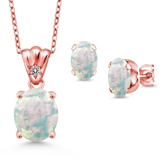 18K Rose Gold Plated Silver White Opal and White Diamond Pendant and Earrings Jewelry Set for Women (4.03 Cttw, Gemstone Birthstone, Oval Cabochon 11X9MM and 8X6MM with 18 inch Silver Chain)