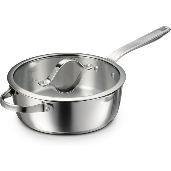 Tempo Tri-Ply Base Stainless Steel 3.5-Quart Saute Pan with Glass Lid, Induction-Ready Cooking Pan, Oven-Safe, Dishwasher-Safe