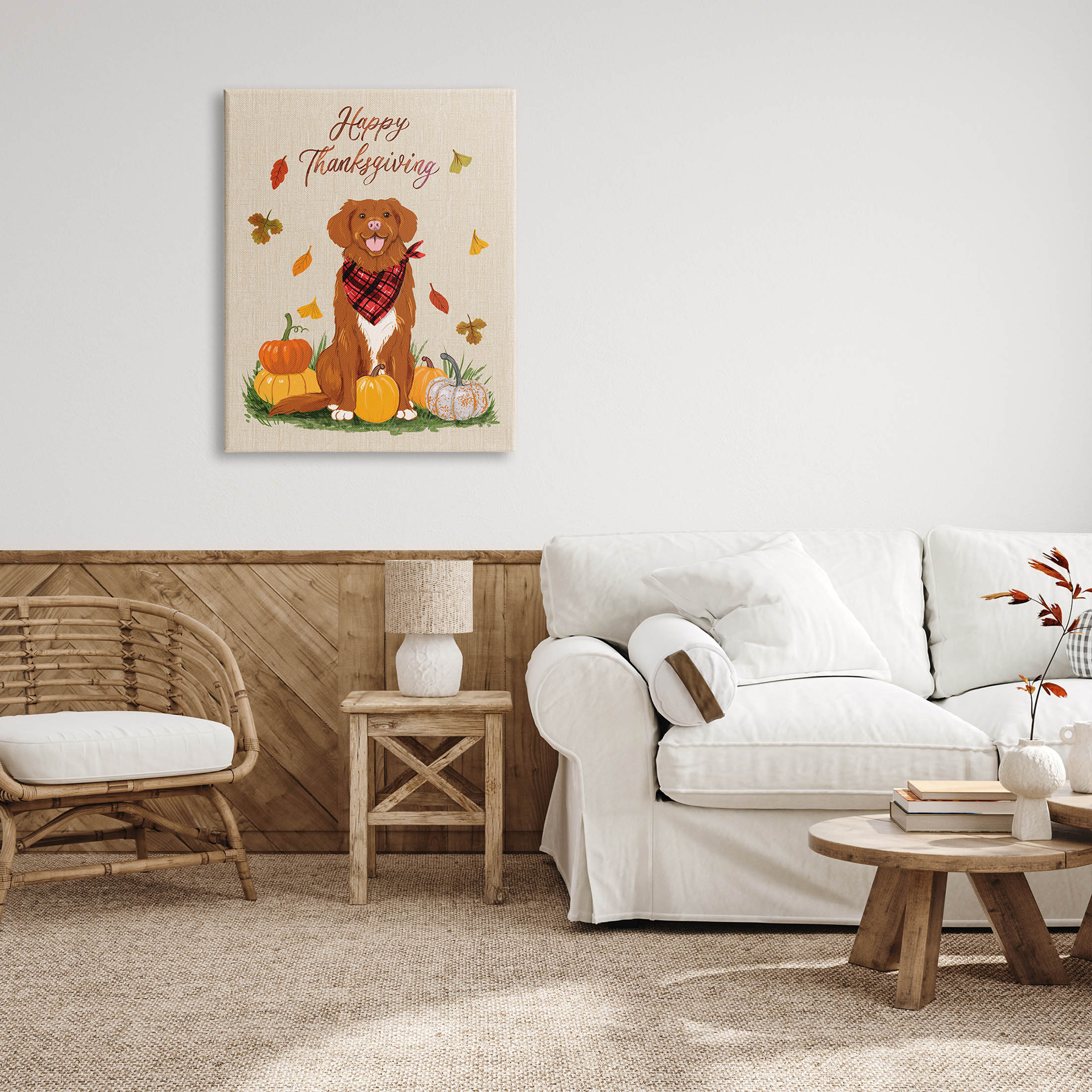Happy Thanksgiving Pumpkins Dog Holiday Graphic Art Gallery Wrapped Canvas Print Wall Art