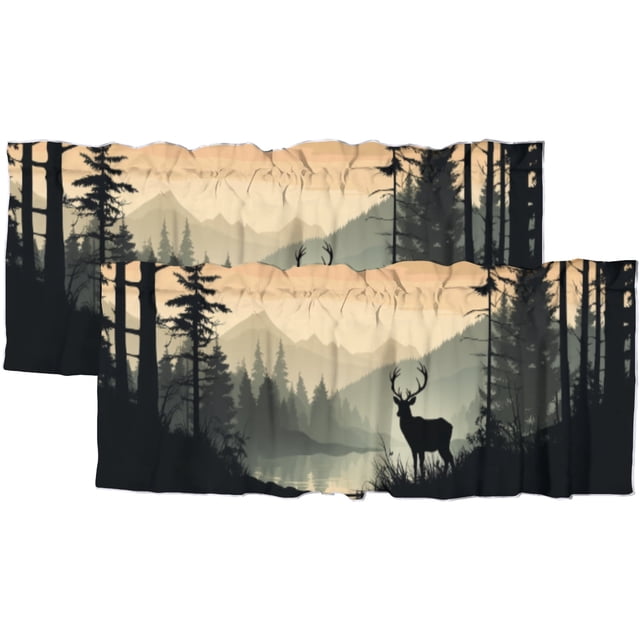 Cortinas con cenefa de cabina con diseño de bosque, pinos y ciervos, cortinas cortas para cocina, ventanas, baño, dormitorio, 54 x 18 pulgadas (2 unidades)