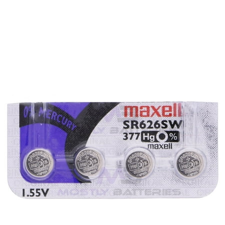 Maxell 377 SR626SW 1.55 Volt Silver Oxide Watch Batteries Factory Hologram (4 Batteries)