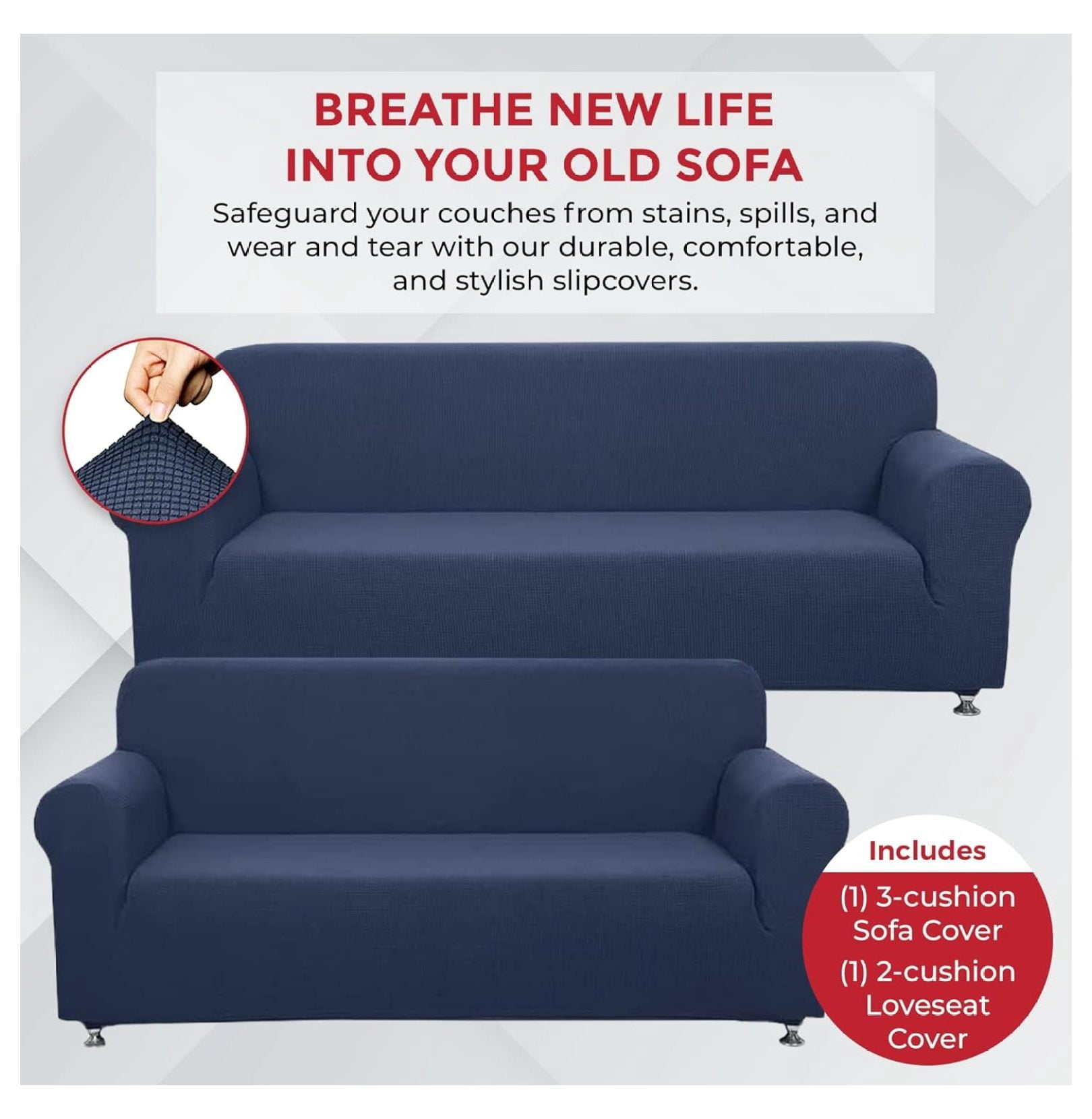 2-Piece Sofa and Loveseat Slipcovers, Couch and Loveseat Covers Set, Form fit Stretch, Wrinkle Free, Furniture Protector, Sofa Covers for Living Room, Polyester Spandex (Blue)