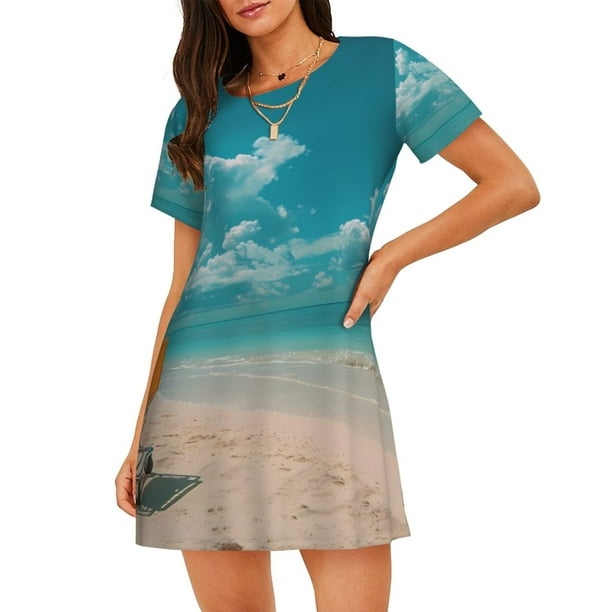 Disketp Shopping Cart On Tropical Beach para Camisón Corto de Manga Corta para Mujeres, Camisón Cómodo con Escote Redondo, Bonito y Confortable