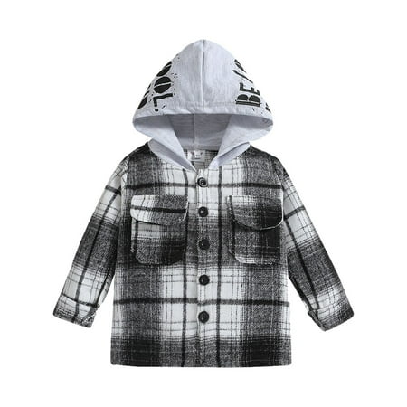 

Girls Coat Flannel Jacket Plaid Long Sleeve Lapel Button Down Shacket Shirt Hooded Top Coat Boys Jackets