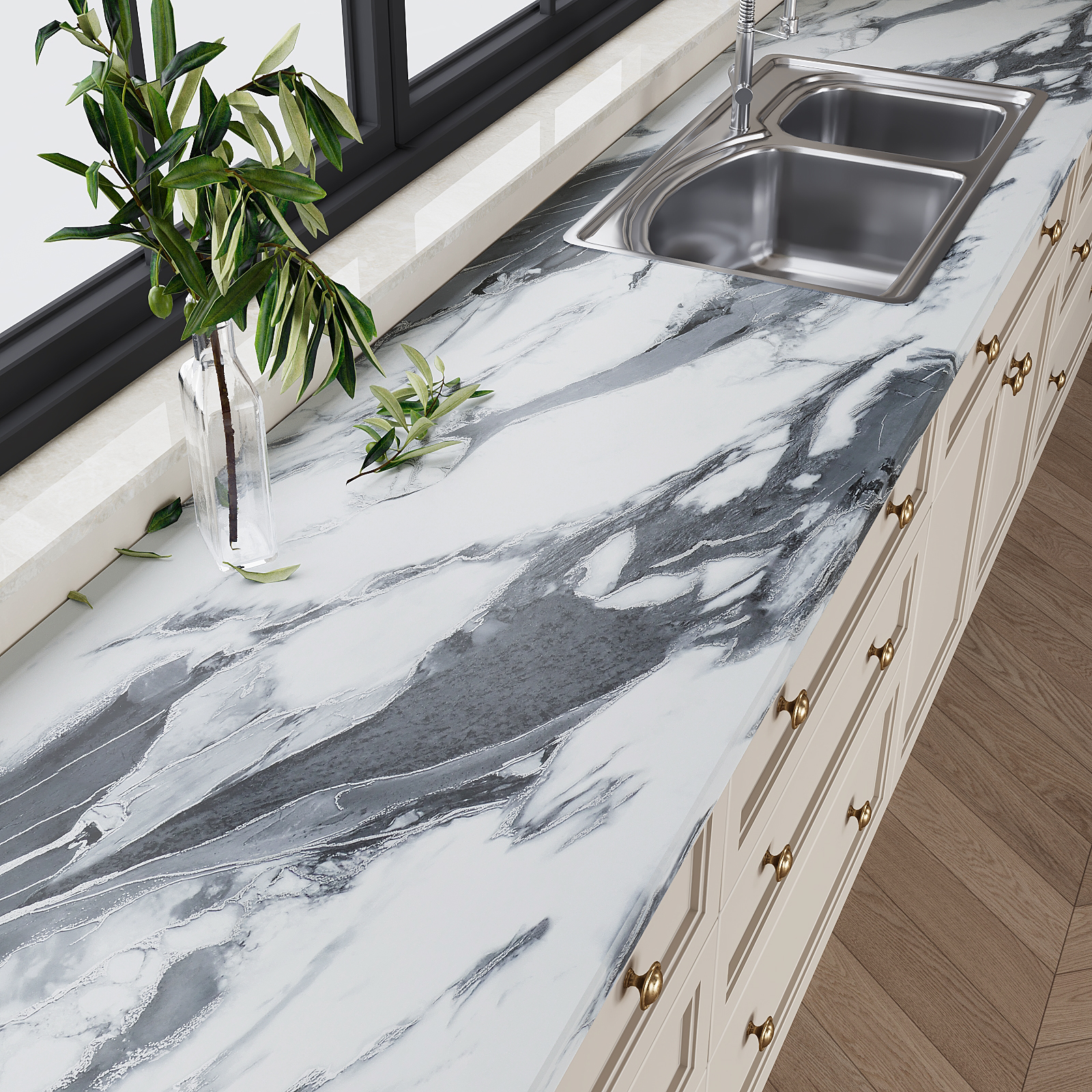 VEELIKE 15.7"x118" Black and White Marble Contact Paper for Countertops Waterproof Kitchen Countertop Peel and Stick Vinyl Wallpaper Self Adhesive Removable Matte Marble Wallpaper for Kitchen Bathroom