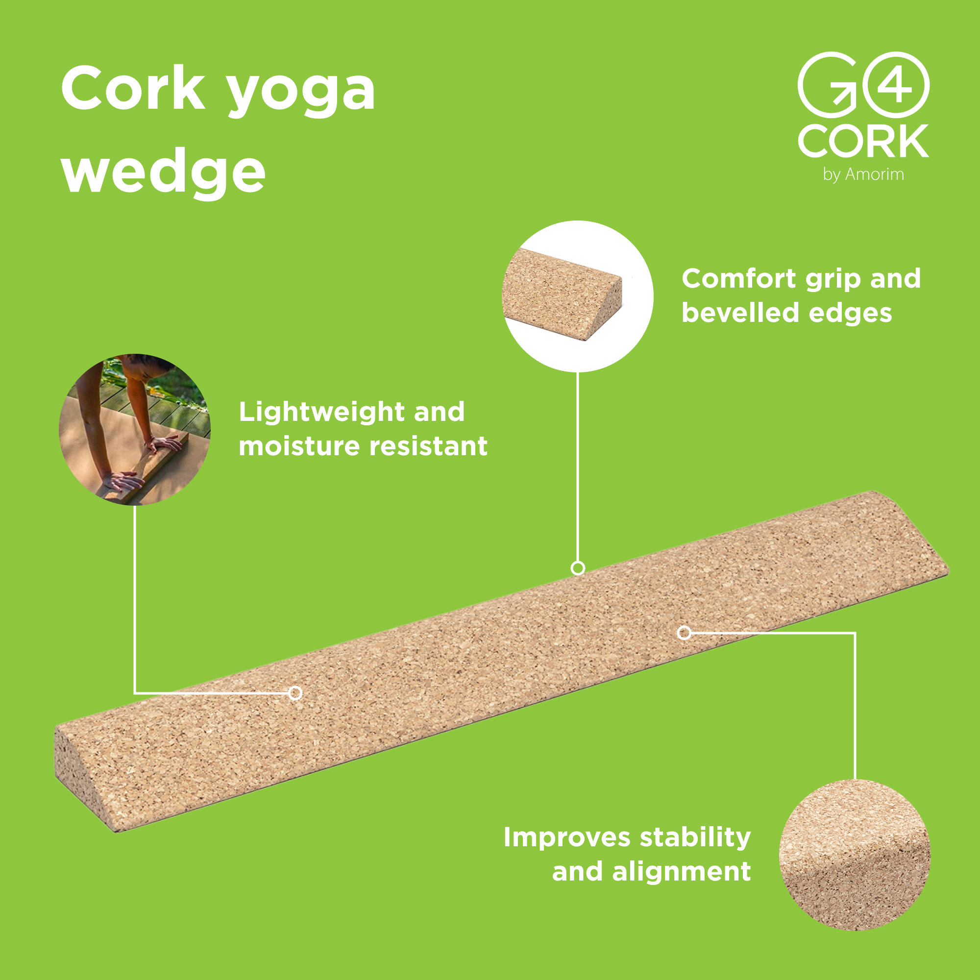 Go4Cork Cork Yoga Wedge | 24" x 4" x 1.4" | Natural Cork Colour | Stability for Yoga, Pilates and Workouts | Non-Slip & Sustainable Cork Wedge