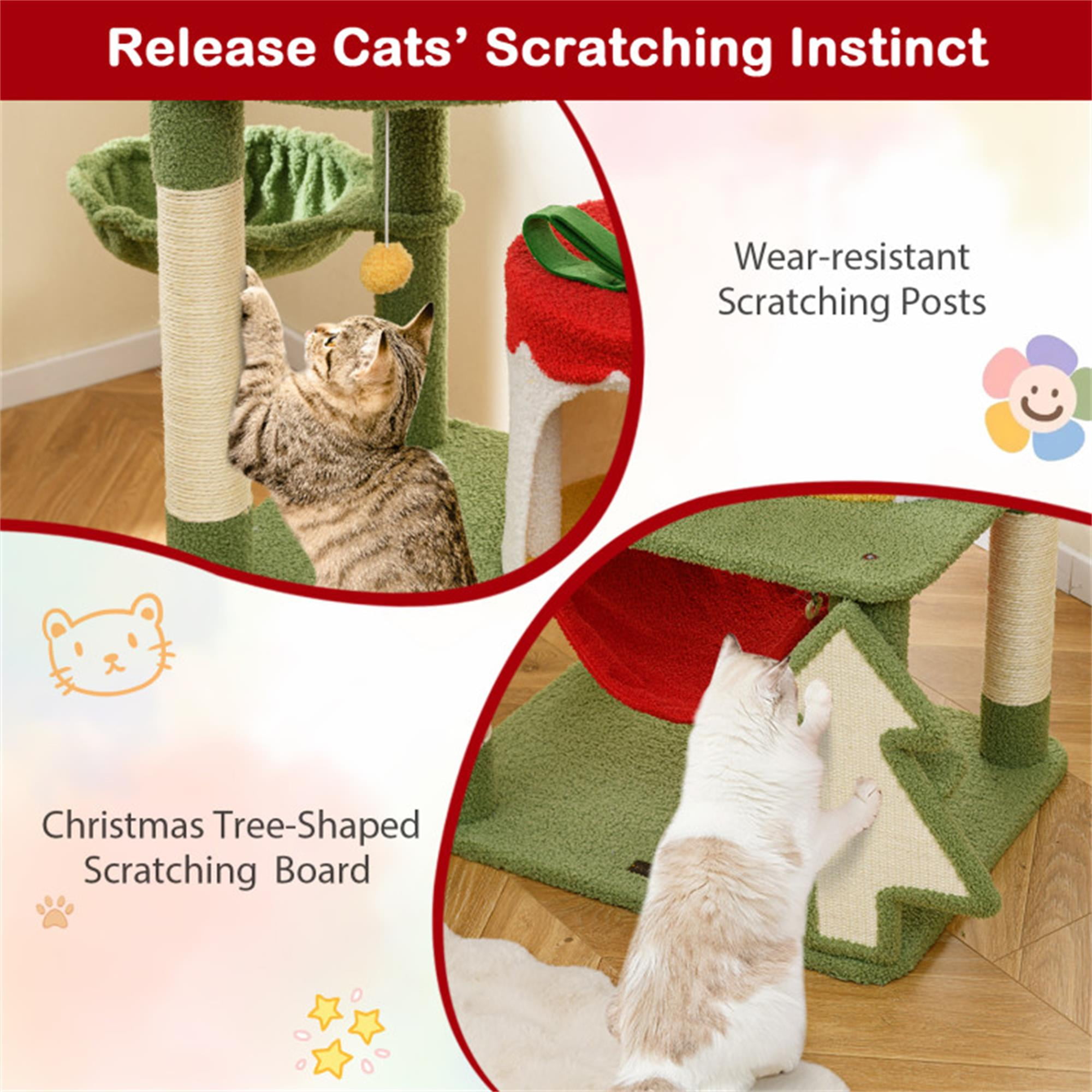 Kadyn 52" Christmas Decor Cat Tree Tower for Indoor Cats, Multi-Level Cat Climbing Tower with Cat Condos, Top Perches, Hammock, Green