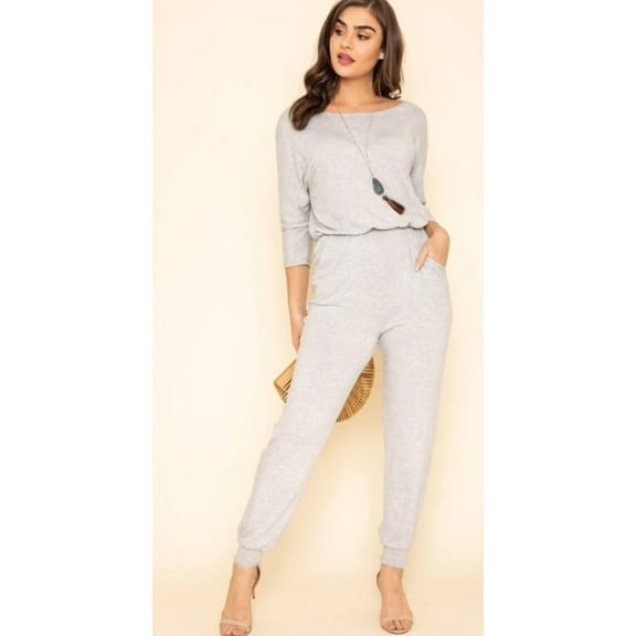 Eloges Grey Solid Quarter Sleeve Boat Neck Blouson Jumpsuit - 3X