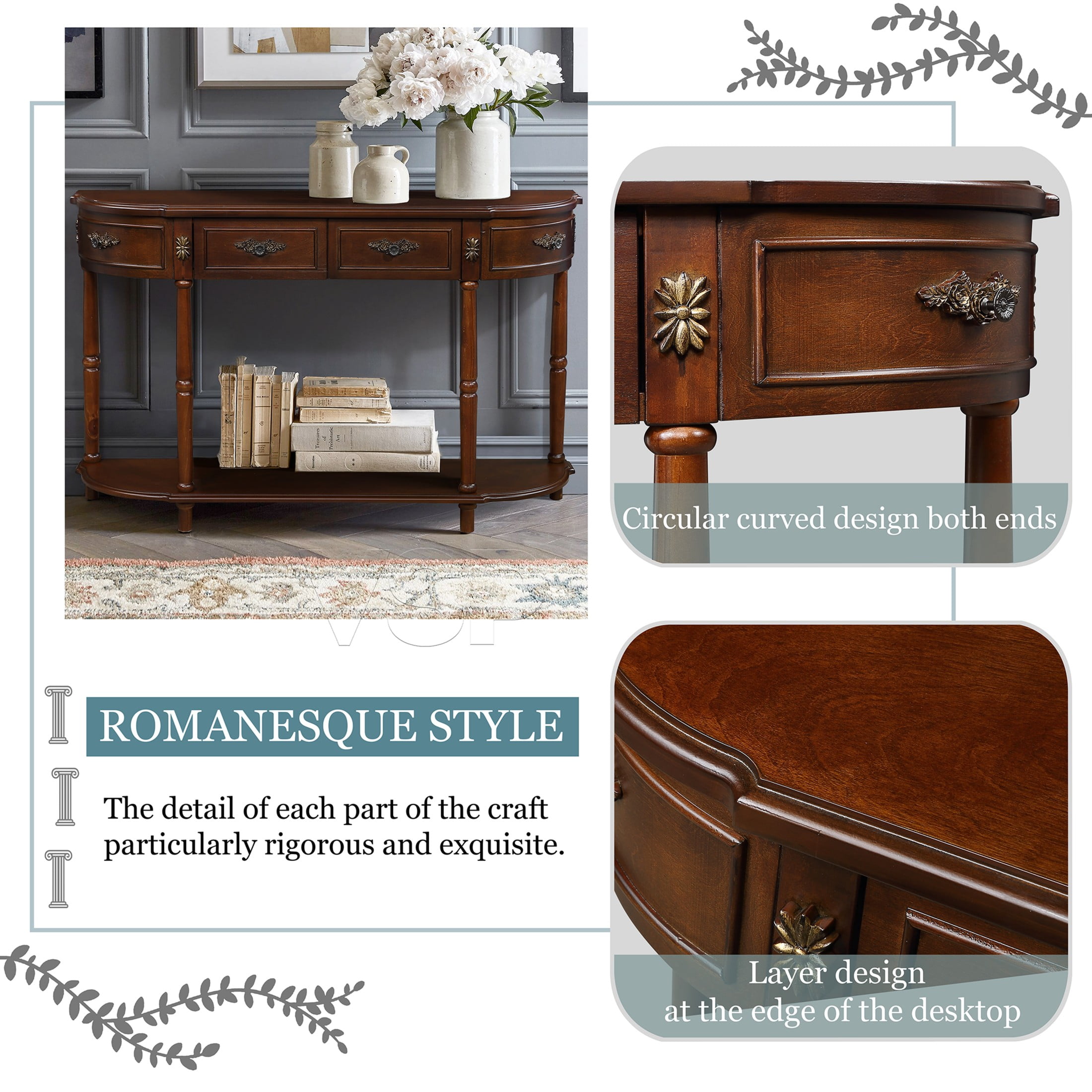Aukfa Console Table, 52" Retro Half Moon Sofa Table with 2 Drawers and Shelf for Living Room/Hallway, Cherry