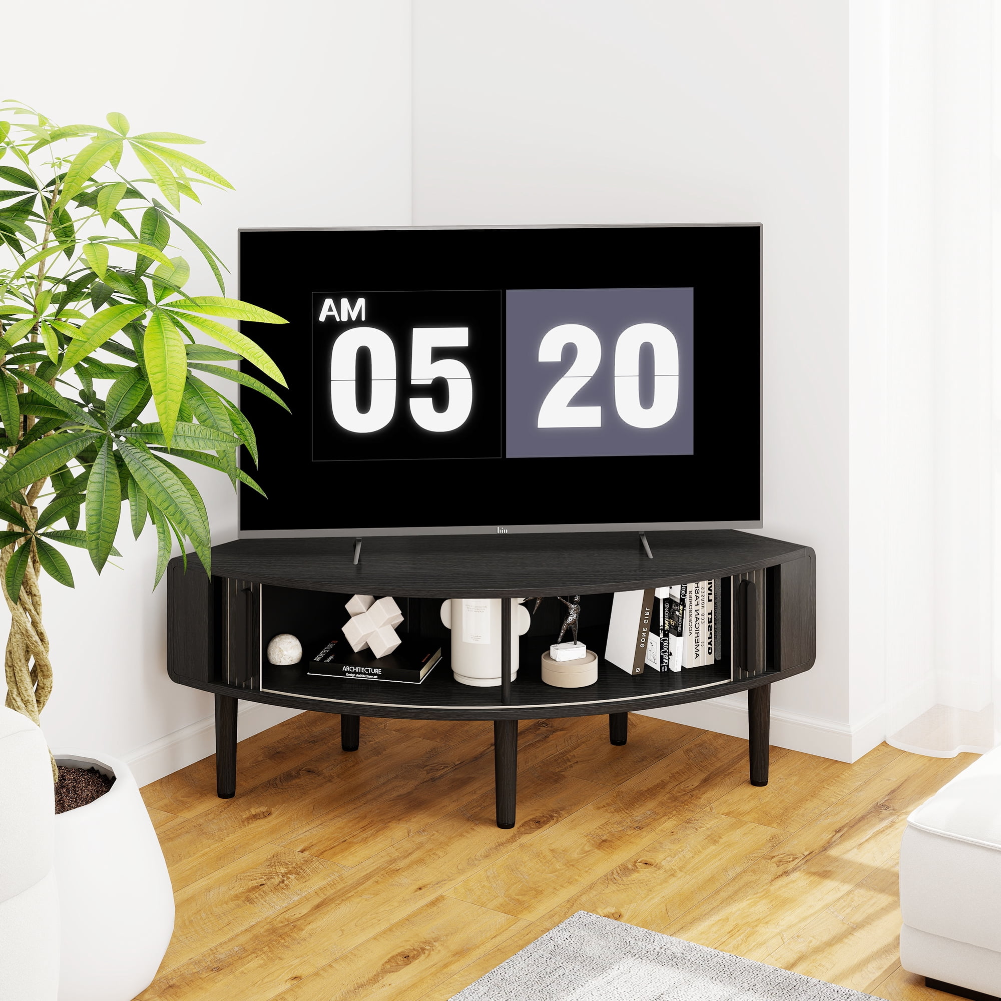 Corner TV Stand for 40 inch TV, Curved Corner Entertainment Center with Storage, Mid-Century Modern Media Console with Sliding Doors,for Living Room, Bedroom, Apartment, Black