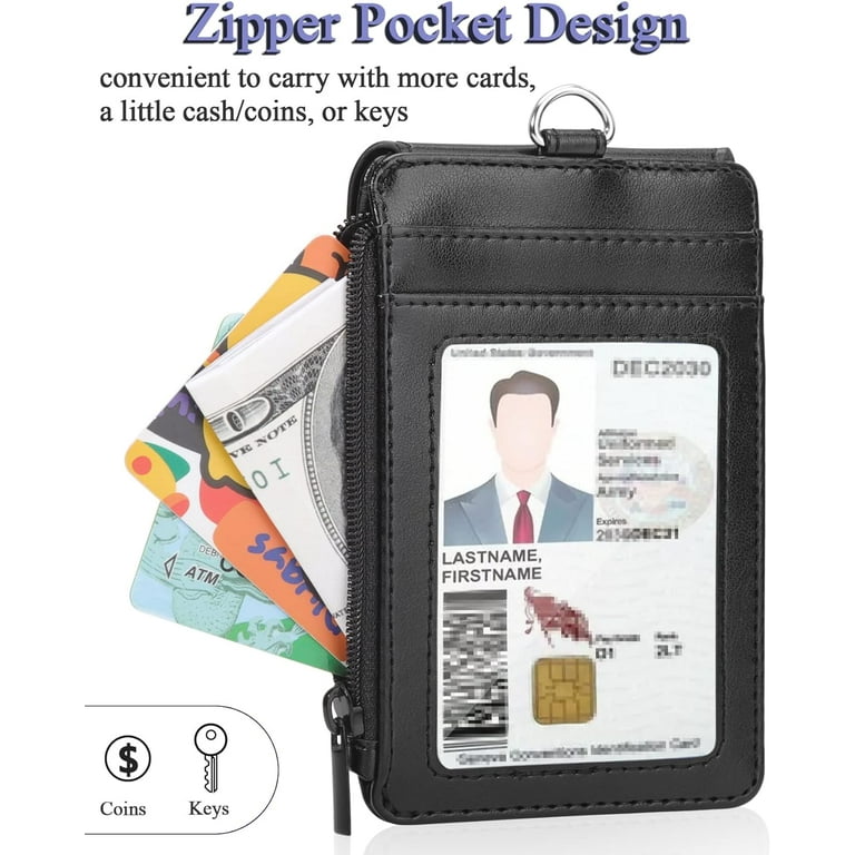 Badge Holder with Zip, Wisdompro Double Sided PU Leather ID Badge Card  Holder Wallet Case with 5 Card Slots, 1 Side Zipper Pocket and 20 Inch  Leather