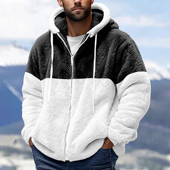 Fuzzy Fleece Jacket For Men Casual Loose Fit Hooded Long Sleeved Coats Fashion Cozy Soft Outdoor Shirts Shacket With Pockets Black L