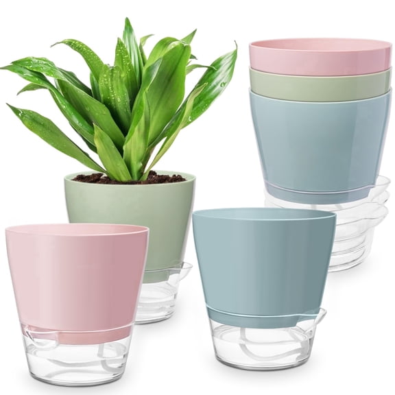 Samhe 6-Pack Self Watering Planters, 6 inch Plastic Self Watering Flower Pots with Drainage Holes and Saucers for Indoor Outdoor Plants