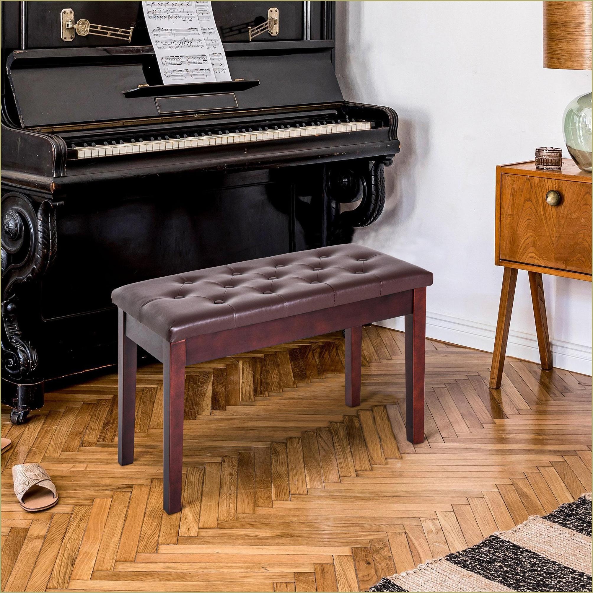 Piano Bench, Traditional Country Duet Seat with Tufted Faux Leather Cushion & Wooden Frame | Walnut Brown | Faux Leather