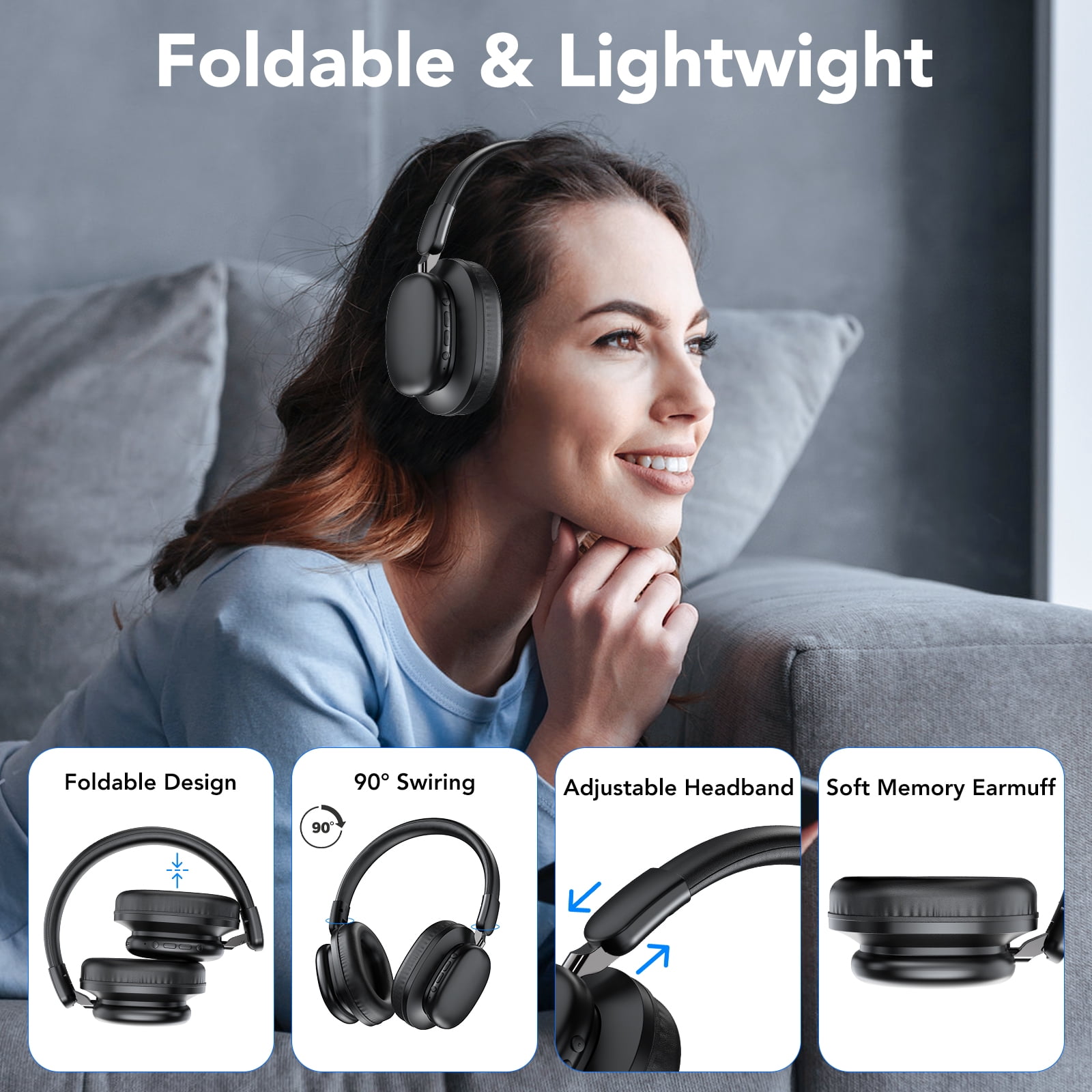Wireless Headphone Bluetooth 5.4, 40H Playtime with 3EQ Modes, Bass Boosted 85%, Bluetooth Headphone Over Ear Wireless/Wired, ENC Clear Call, Foldable Over Ear Headphone for Travel/Office/PC Black