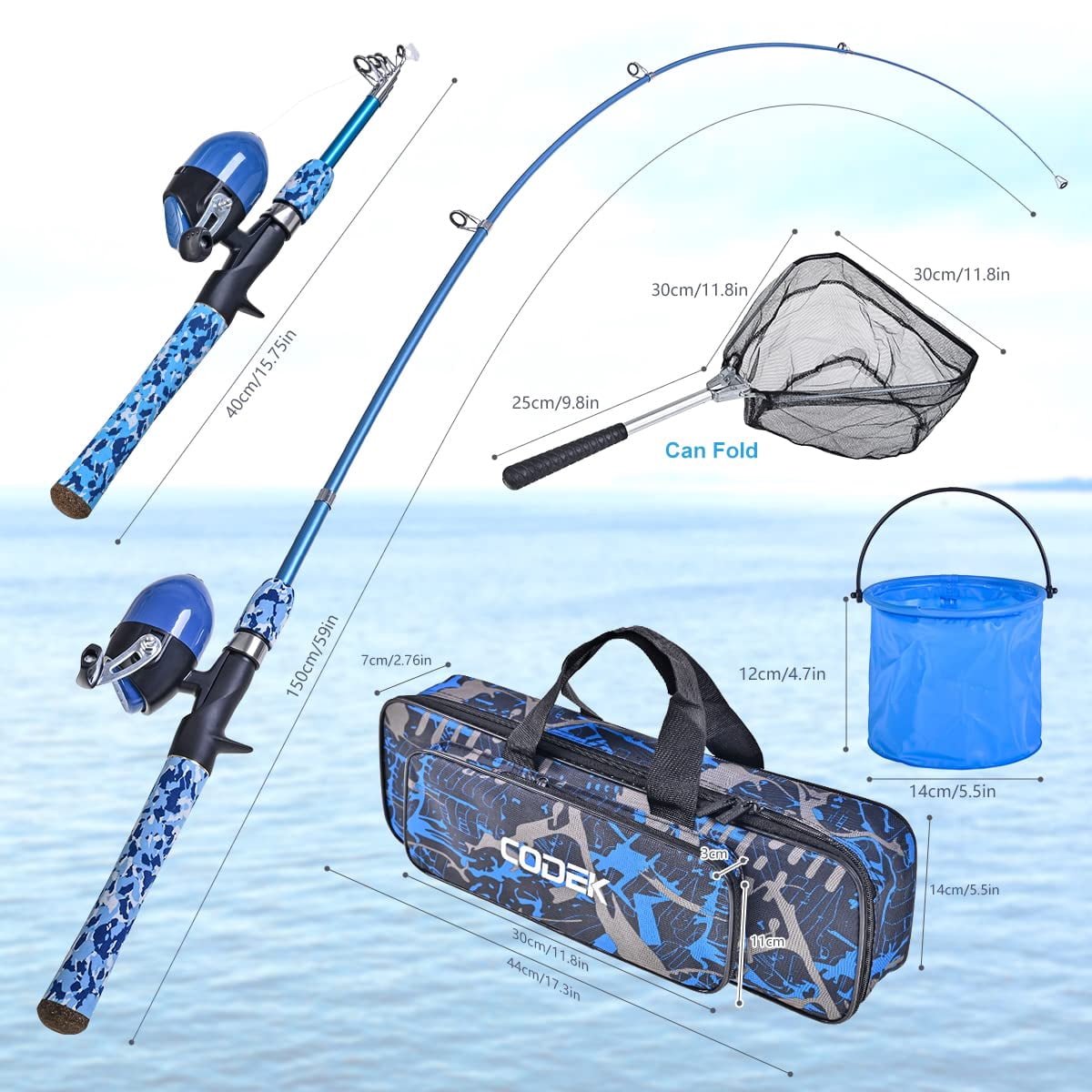 Fishing Pole Set With Full Starter Kits 2 Portable Telescopic Rod And Spincast Reel Cambos A Net 2 Buckets For