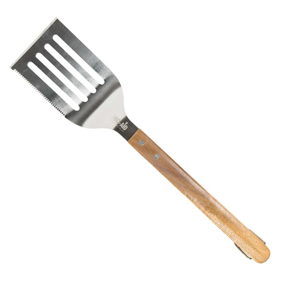 BBQ-AID Pro BBQ Metal Spatula - 17" Barbecue Spatula Stainless Steel with Serrated Knife Edge -Solid & Sturdy Turner Spatula- Acacia Wood Handle- Heavy Duty Built to Last Kitchen Spatula