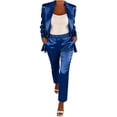 thumbnail image 4 of Mifsaly Womens Suits 2 Piece Set Business Casual Silk Satin Open Front Long Sleeve Jacket and High Waisted Straight Leg Pants with Pockets Lightweight Soft Office Work Matching Outfits Blue,S, 4 of 5