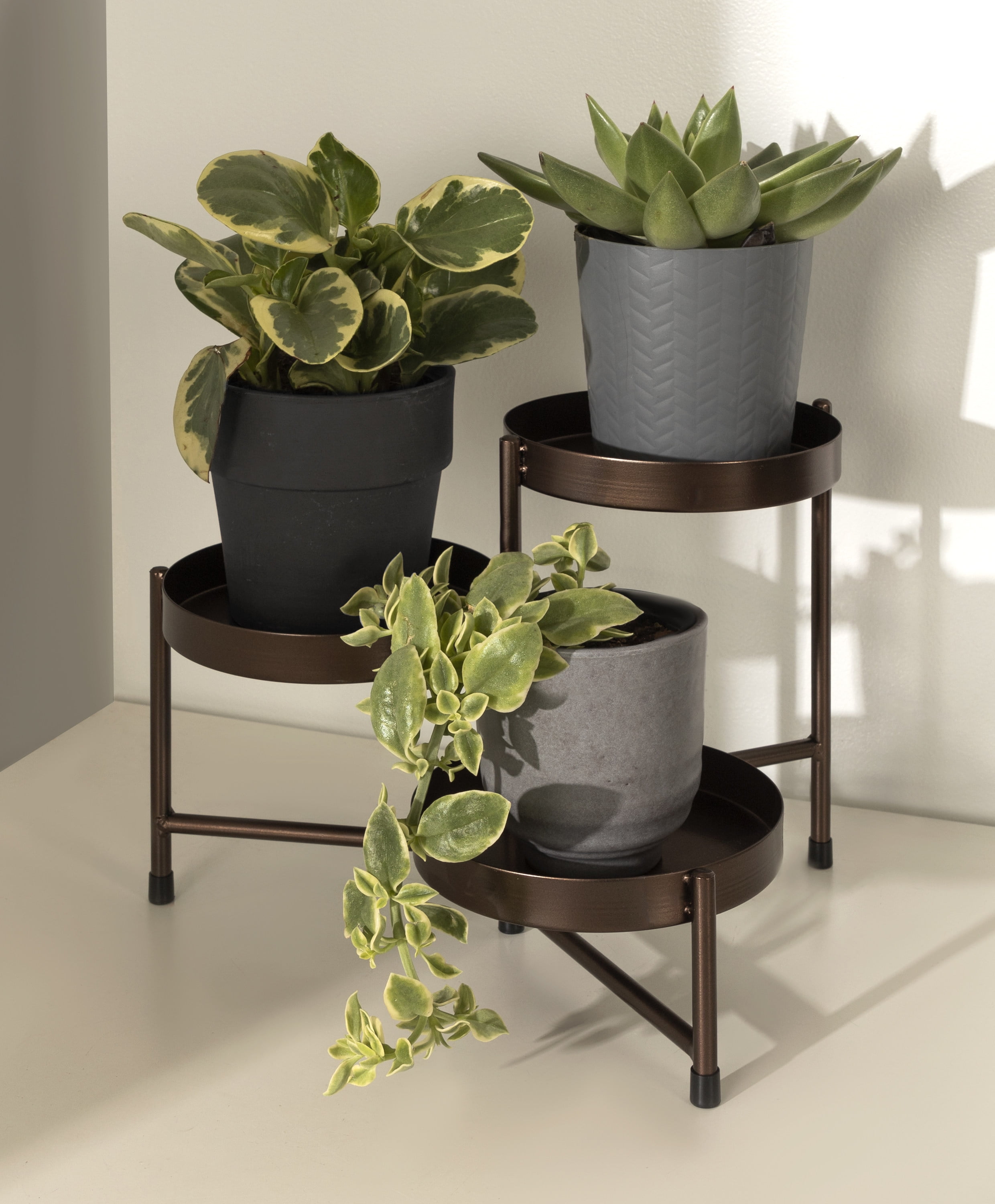 Kate and Laurel Finn 3-Tiered Plant Stand, 7.25 x 7.25 x 10, Bronze, Decorative Layered Tabletop Plant Stand for Display and Storage