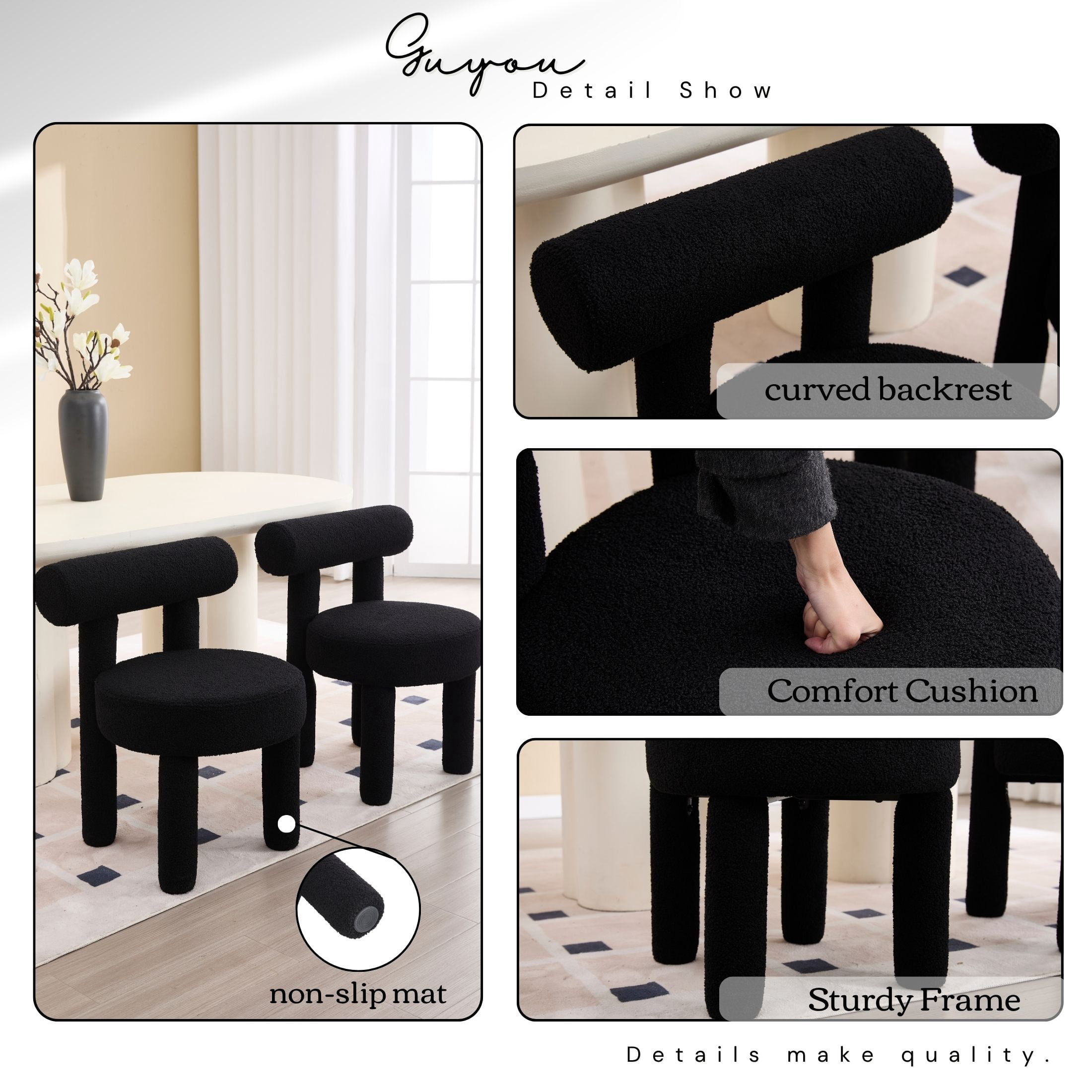 Guyou Boucle Dining Chairs - Set of 6, Modern Upholstered Kitchen Chairs with Sherpa Open Back, 21.5" Wide Armless Side Chairs for Dining Room, Black