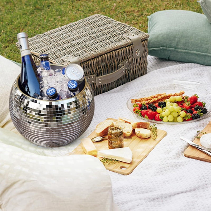 10-Inch Disco Ball Ice Bucket Silver Sparkly Mirror Ball Icebucket for Wine, Drinks, Home Bar Beverage Cooler for Partys
