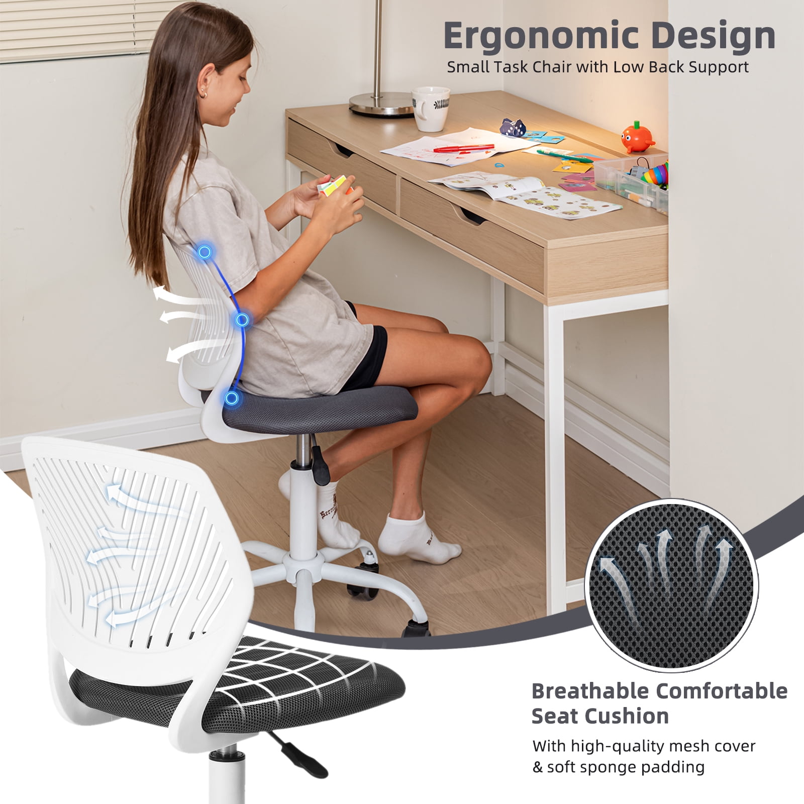 Homy Casa Kids Desk Chair Height Adjustable Small Study Computer Task Chair for Student Children Teens with Wheels Gray Walmart Business Supplies
