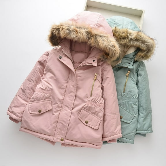 TAGOLD Girls' Outerwear Jackets 3-14 Years Solid Winter Thickened Fleece Lined Windproof Hooded Quilted Coat