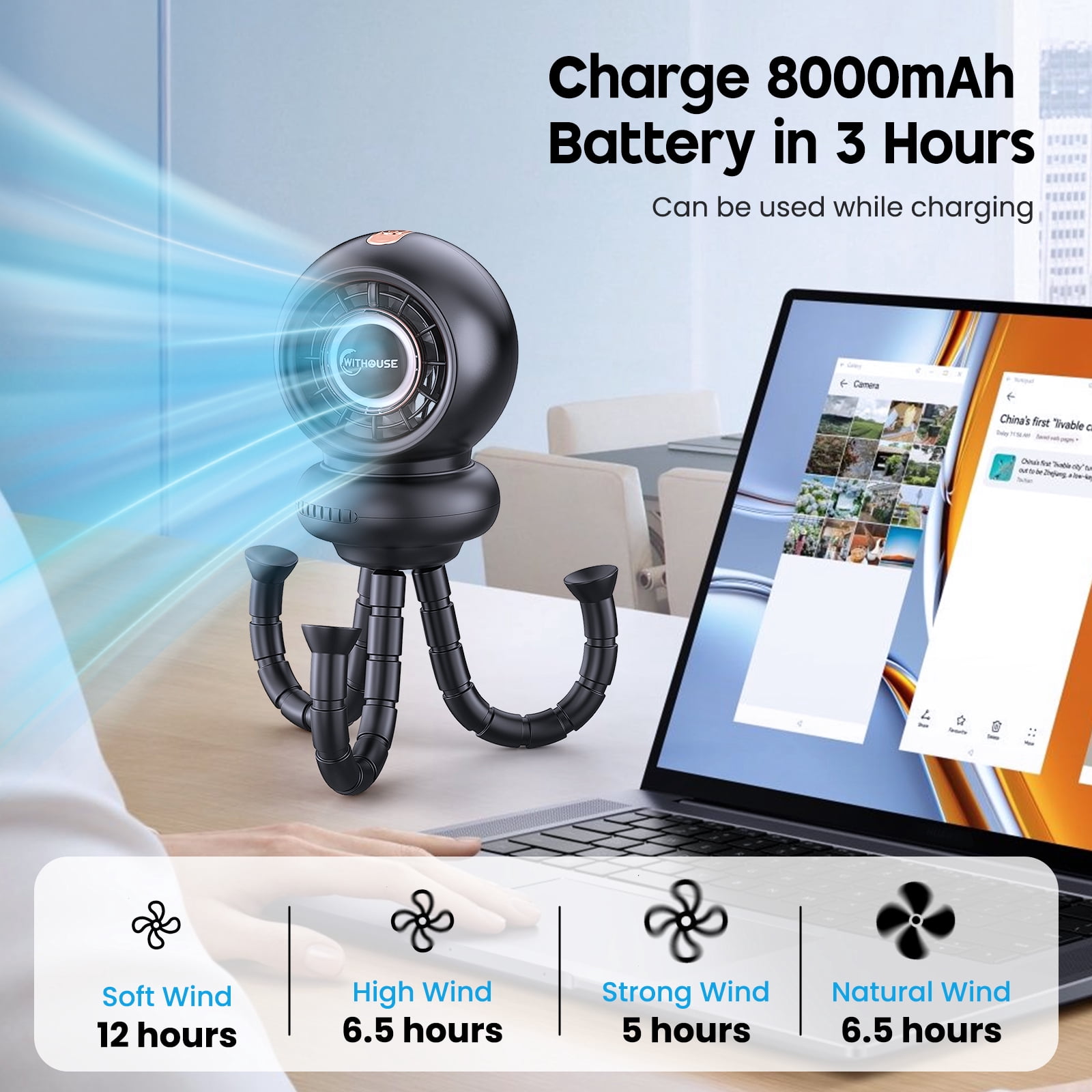 WITHOUSE Battery Operated Stroller Fan Large ,8000mAh Rechargeable Fan,  75° Auto Oscillation Portable Fan for Stroller, 4 Speeds with Natural Wind,5-12H Runtime, Detachable Base & LED Display