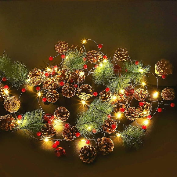 Heyone Christmas Garland With Lights, 9.18ft 30 Led Pre-lit Xmas Garland Lighted Battery Operated With Pine Cones, Berries, Pine Needles, Bells Christ