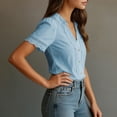 thumbnail image 4 of 2026 New Womens Casual V Neck Short Sleeve Button Down Shirts Business Casual Work Boho Tops Blouses(Light Blue,XXL), 4 of 7