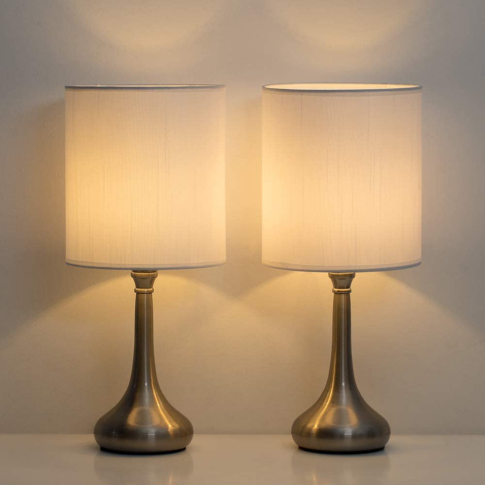 Set of 2 Modern Nightstand Lamps with Metal Base and White Fabric