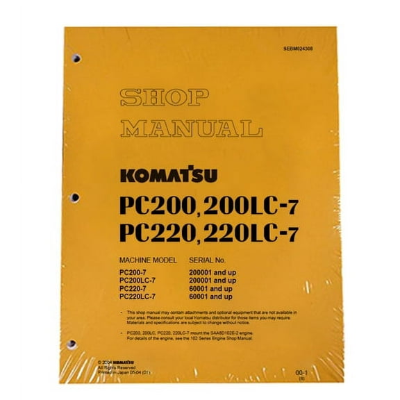 Komatsu PC200-7/PC200LC-7/PC220-7/LC-7 Manual Excavator Workshop Repair  Service Manual - Part Number # SEBM024308