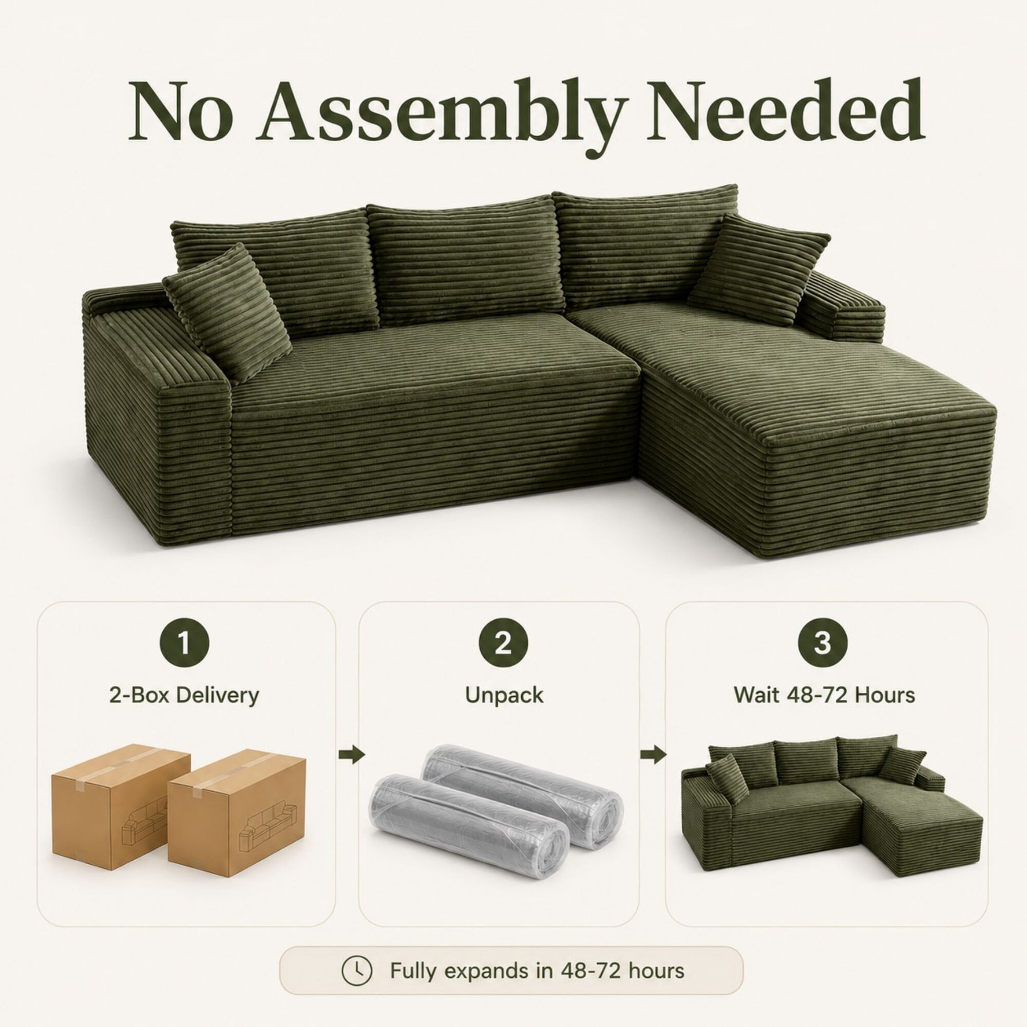 DEALTOPS 106 Inch Modular Corduroy Sectional Sofa with Right Chaise, No Assembly Required, Green