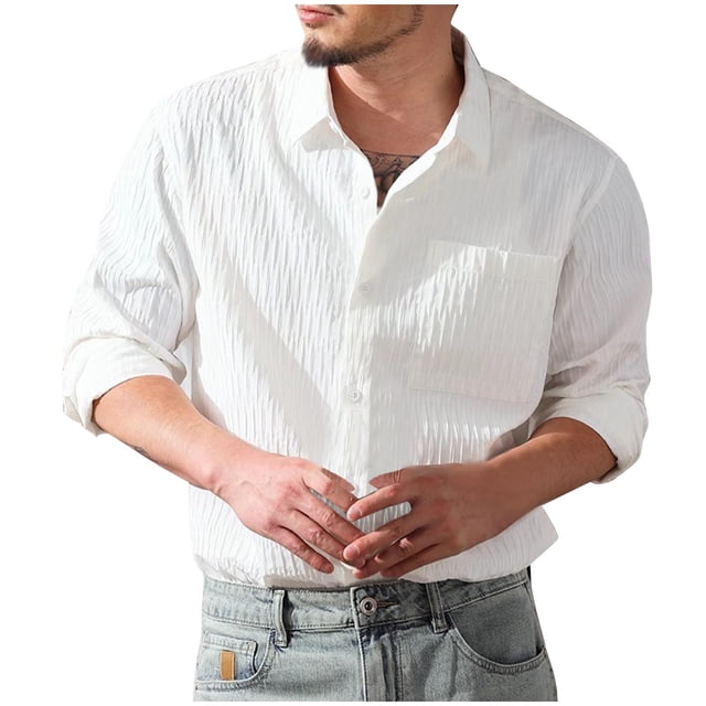 pstuiky camisetas de manga larga para hombre, Camisa tipo cárdigan de manga larga con cuello vuelto y botones holgados para hombre salir tops xxxl