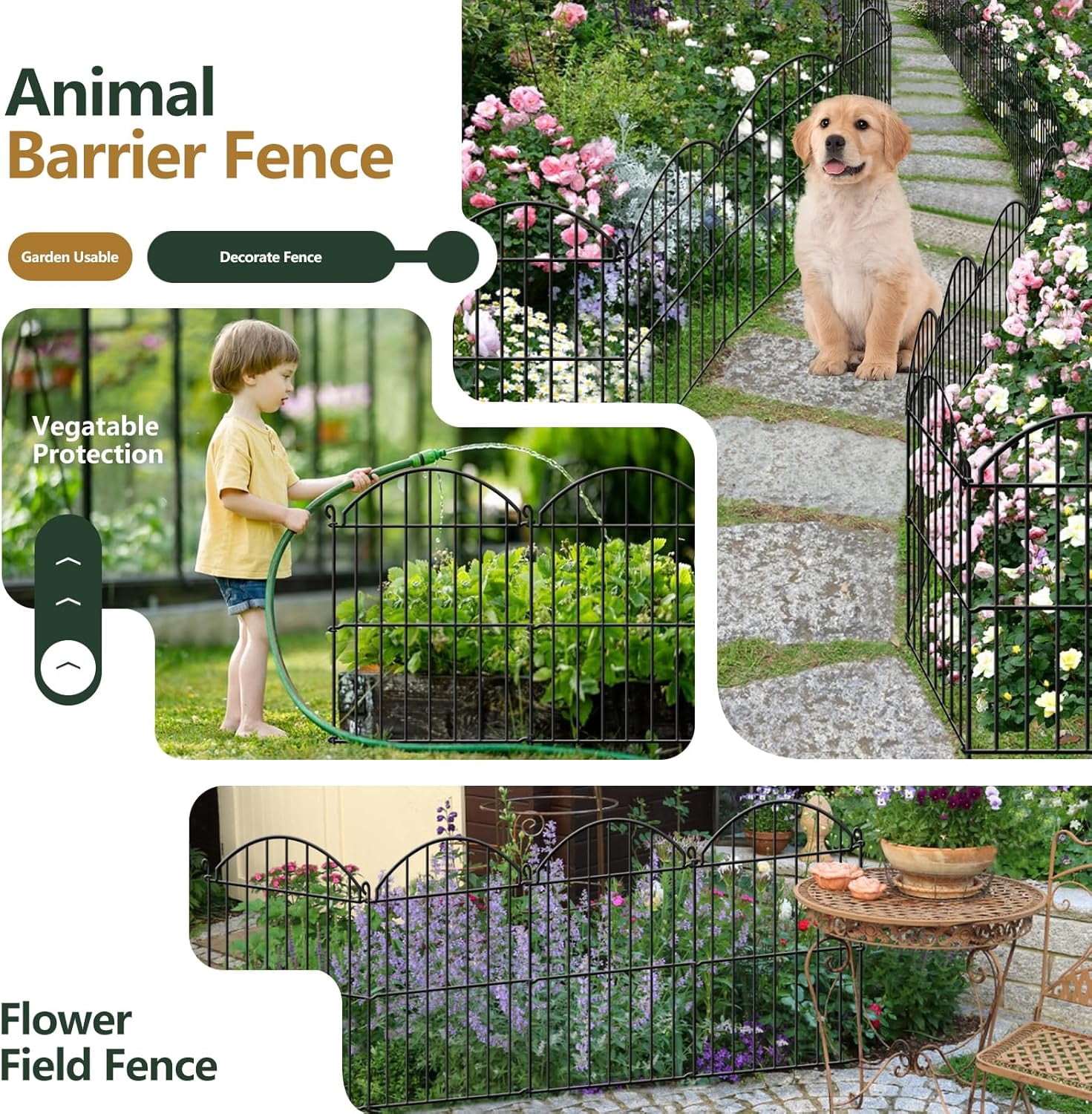 15 Panels Decorative Garden Fence, 15.94ft x 17in Animal Barrier Fencing Arched Rustproof Metal Border for Rabbit Dog Outdoor Yard