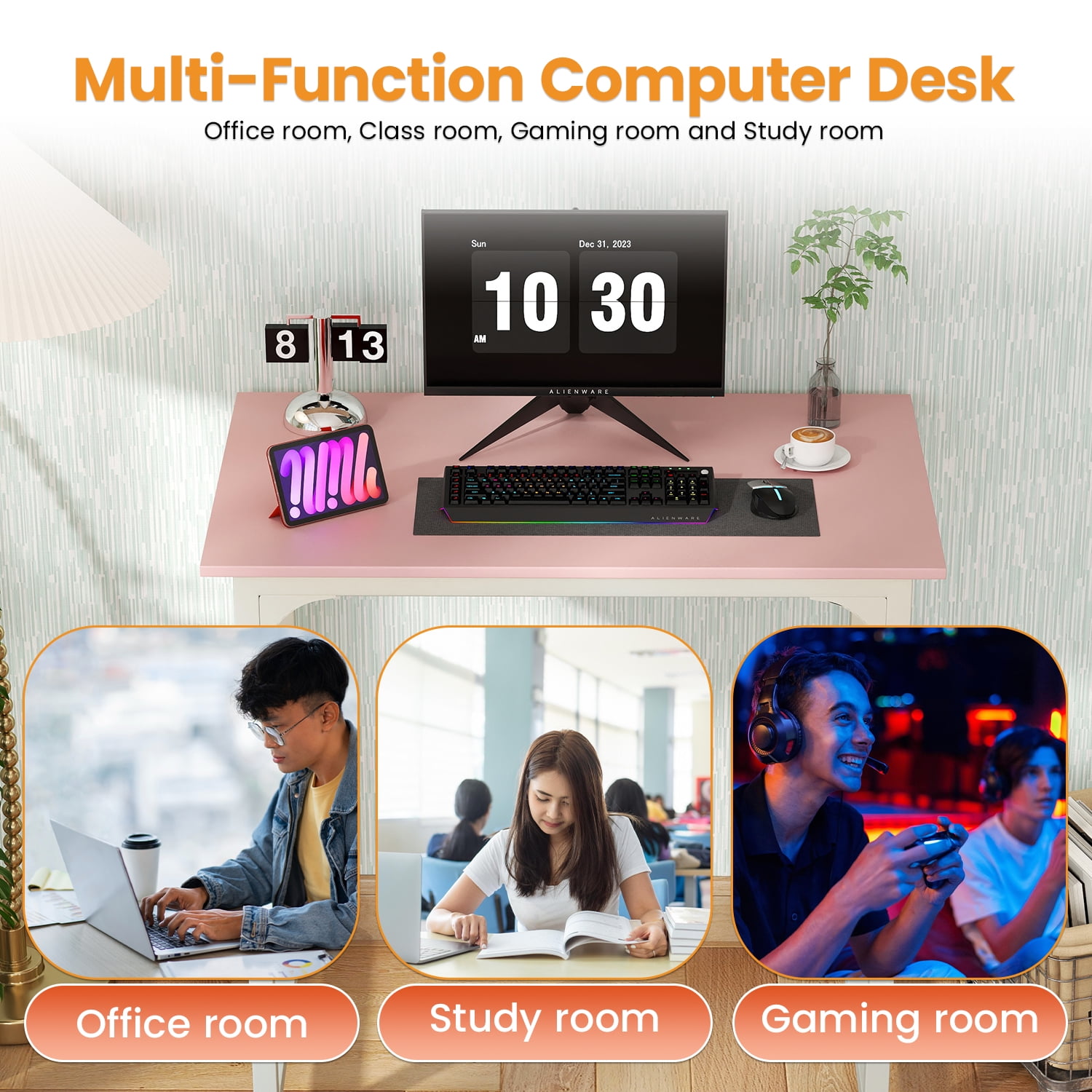 PayLessHere 32 Inch Computer Desk,Pink Office Desk with Metal Frame, Adjustable Feet,Pack of 1