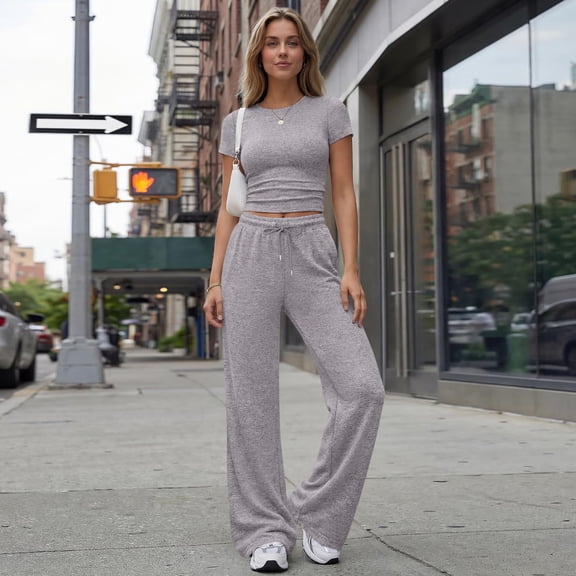 Womens 2 Piece Lounge Matching Sets Wide Leg Pants Crew Neck Short Sleeve Shirt Sweatsuits