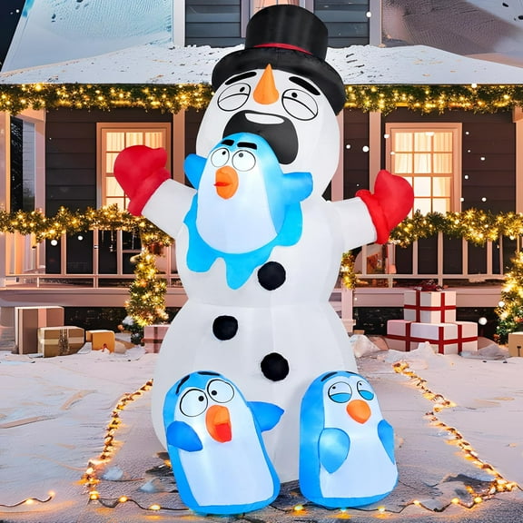 JOIEDOMI 6 FT Tall Christmas Inflatables Outdoor Decorations, Inflatable Snowman Playing with Penguins, Blow Up Xmas Snowman Yard Decoration with Build-in LED for Xmas Party Outdoor Garden Lawn Décor