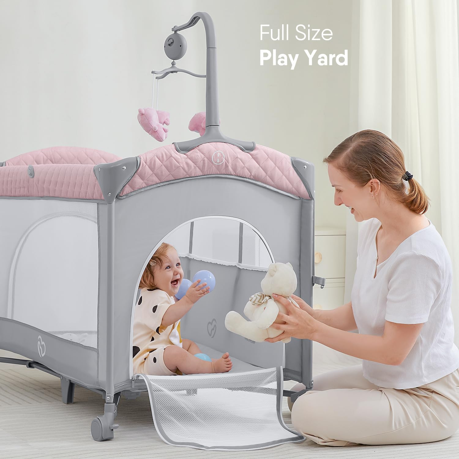 ADOVEL Baby Bassinet Bedside Crib, Pack and Play with Mattress, Diaper Changer and Playards from Newborn to Toddles,Pink