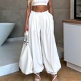 thumbnail image 4 of Women's Palazzo Long Pants High Waist Wide Leg Stretchy Loose Fit Casual Trousers with Pocke White S, 4 of 7
