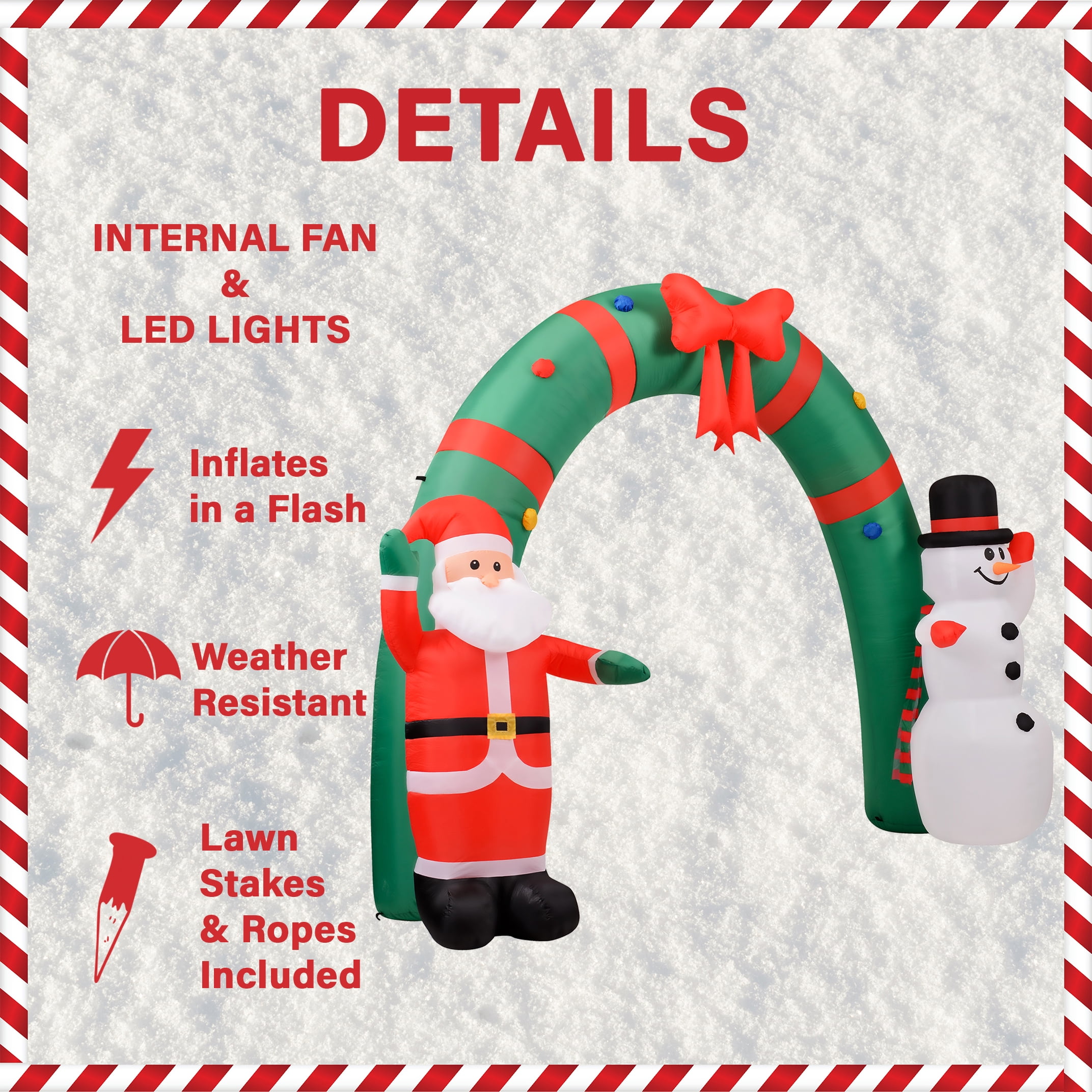Fraser Hill Farm 8 ft Tall Walkway Arch w/ Santa Claus and Snowman, Outdoor Blow-Up Christmas Inflatable w/ Lights and Storage Bag, FHFXMASARCH081-L