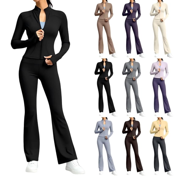 Tqcoqu Women's Solid 2 Piece Yoga Outfit,Zip Up Cropped Jacket & High Waist Flare Long Pants,Stretch Athletic Workout Plus Size Tracksuit Set for Women,Black Women's S-XXXXXL