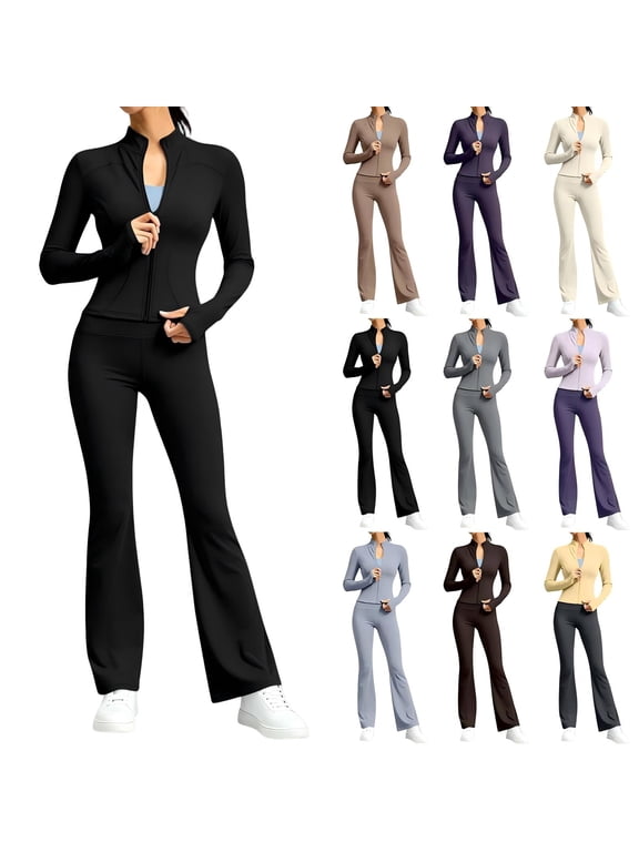Women's Solid 2 Piece Yoga Outfit,Zip Up Cropped Jacket & High Waist Flare Long Pants,Stretch Athletic Workout Plus Size Tracksuit Set for Women,Black Women's S-XXXXXL