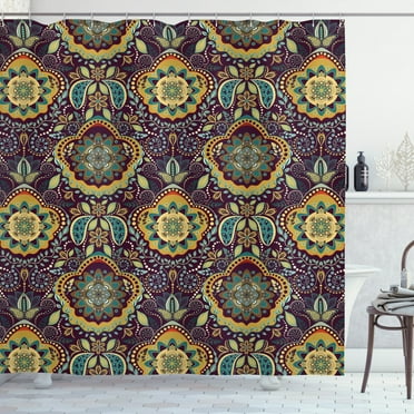 Jacobean Shower Curtain, Abstract Botanical Ornament Composition Motifs and Patterns, Fabric Bathroom Set with Hooks, 69W X 84L Inches Extra Long, Charcoal Grey and Multicolor, by Ambesonne