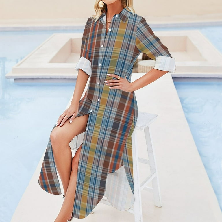 madras shirt dress Long Sleeve Madras Shirt Dress Boot Edge Edge Madras Long Sleeved Shirt  Dress Dress Women Summer