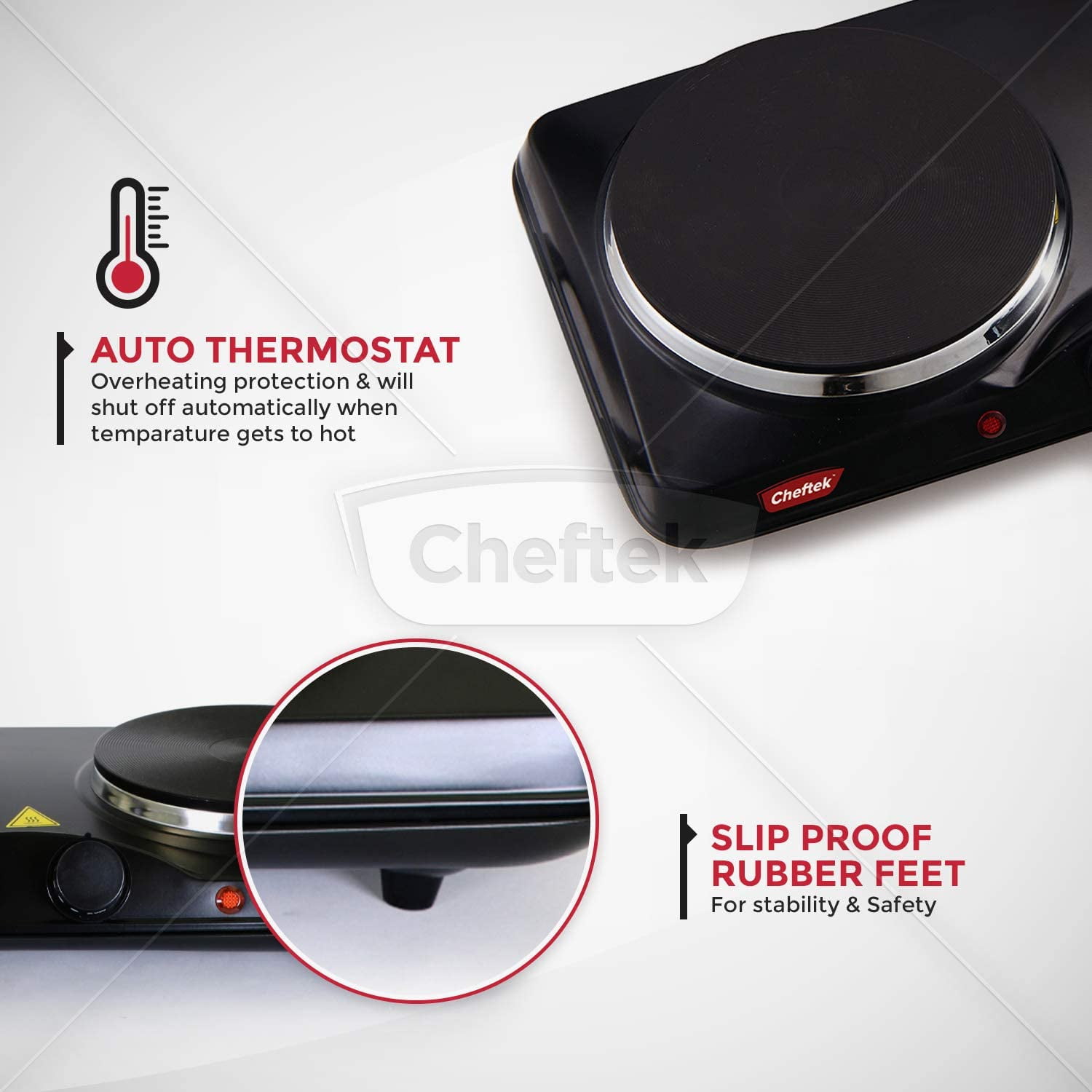 Cheftek CT1010 Dual Electric Stove with 6’’ and 7.5’’ Cook Plates; 1700W; Enamel Coated Iron; Black