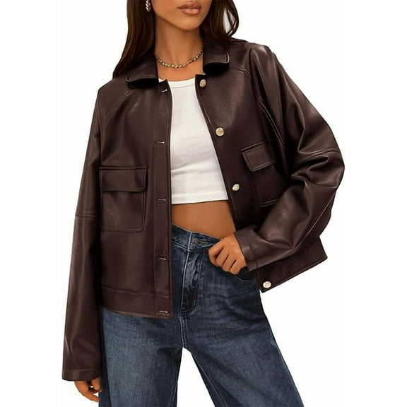 FreshPretty Leather Jacket Women Fall Clothes Long Sleeve Button Down Winter Coats Oversized Motorcycle Outwear